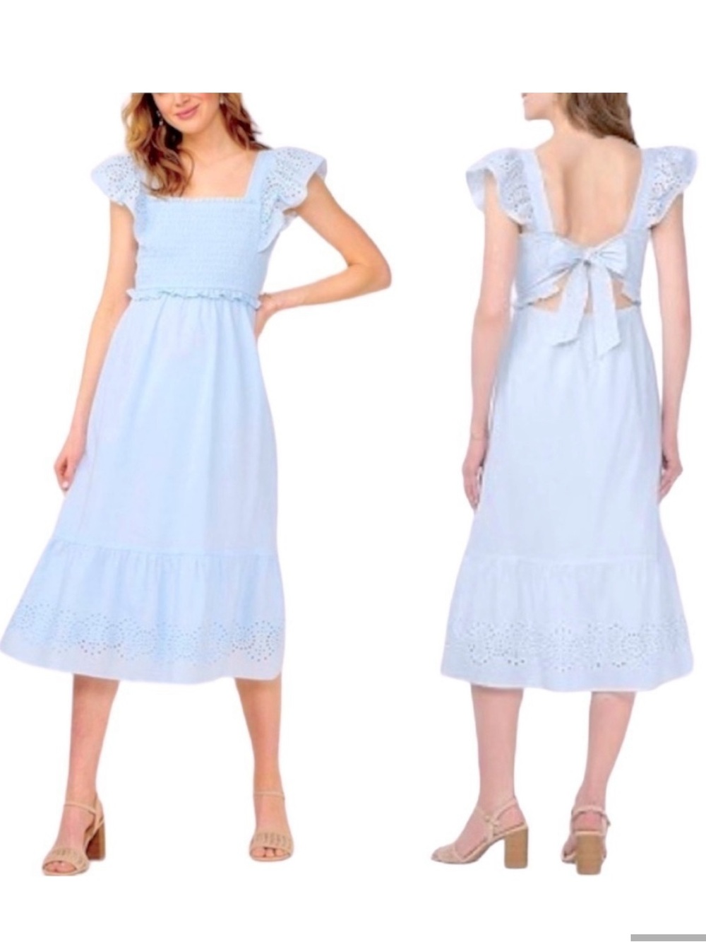 NWT Lauren Conrad dress blue tiered ruffle sleeve eyelet trim smocked dress Sz L